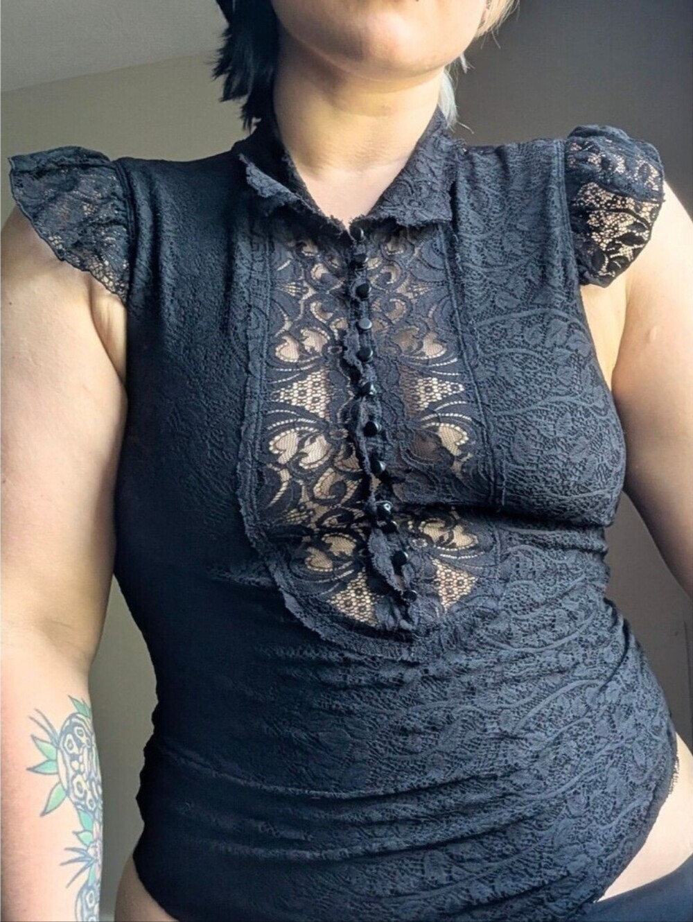 Y2K Lip Service Sheer Black Lace Button Up Victorian Gothic Vampire Top Size XL